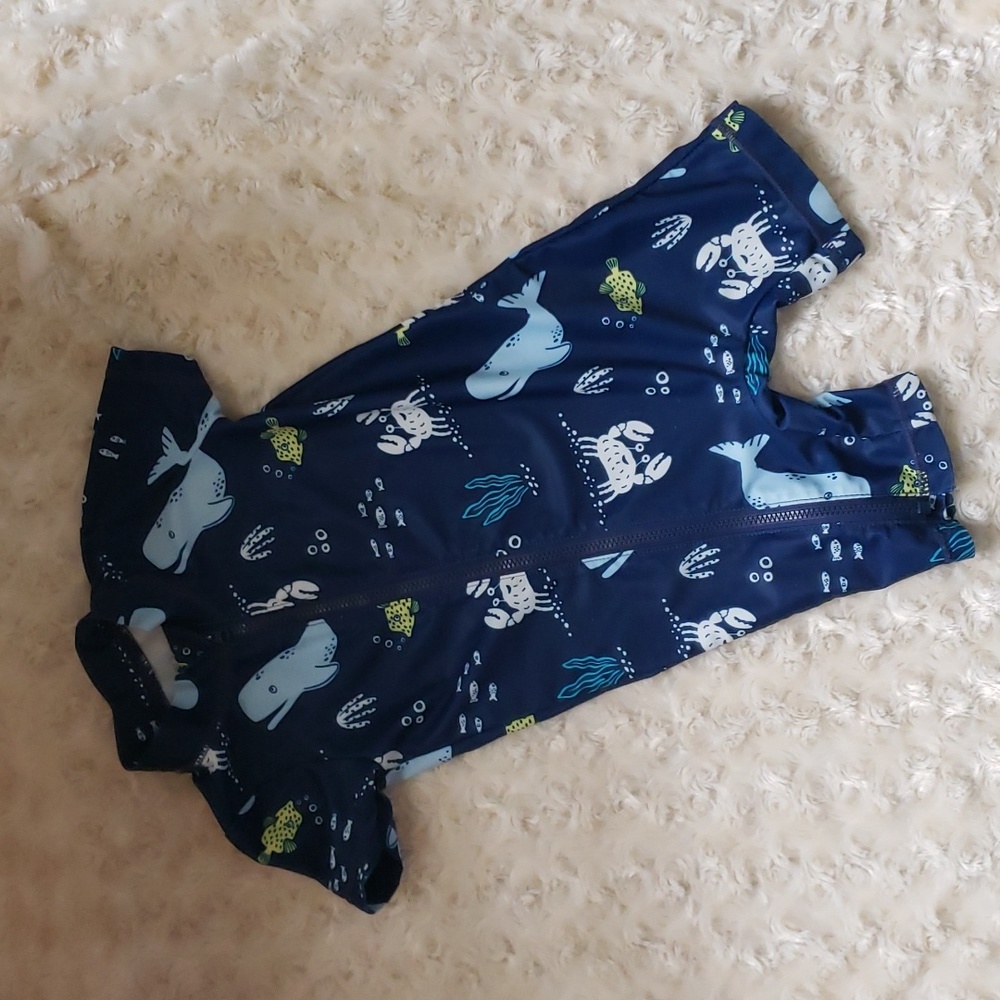 Carters, swimsuit, 12 month, ocean theme, color blue, white, yellow